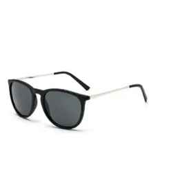 Black-framed sunglasses with sleek, modern design and dark gray lenses.