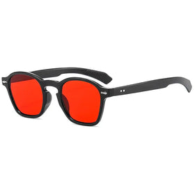 Black-framed sunglasses with vibrant red lenses and a sleek, modern design.