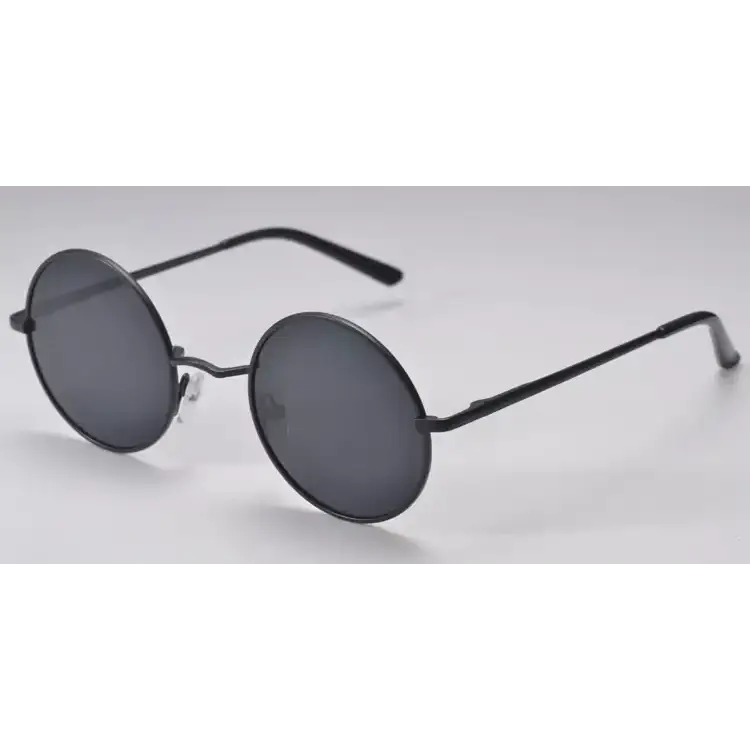 Black round-framed sunglasses with dark gray lenses.