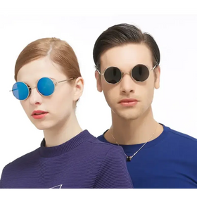 Blue mirrored round sunglasses with thin metallic frames.