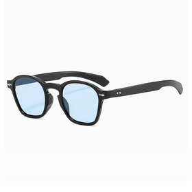 Black-framed sunglasses with light blue tinted lenses.