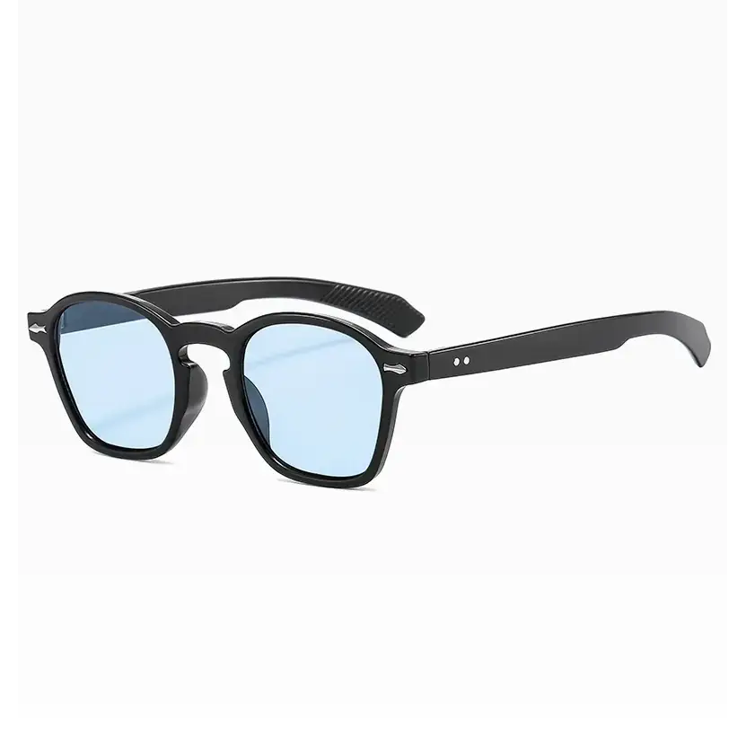 Black-framed sunglasses with light blue tinted lenses.