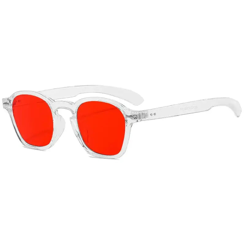 Clear-framed sunglasses with vibrant red lenses.
