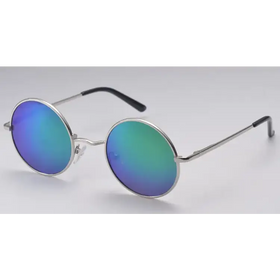 Round silver-framed sunglasses with iridescent blue and green mirrored lenses.