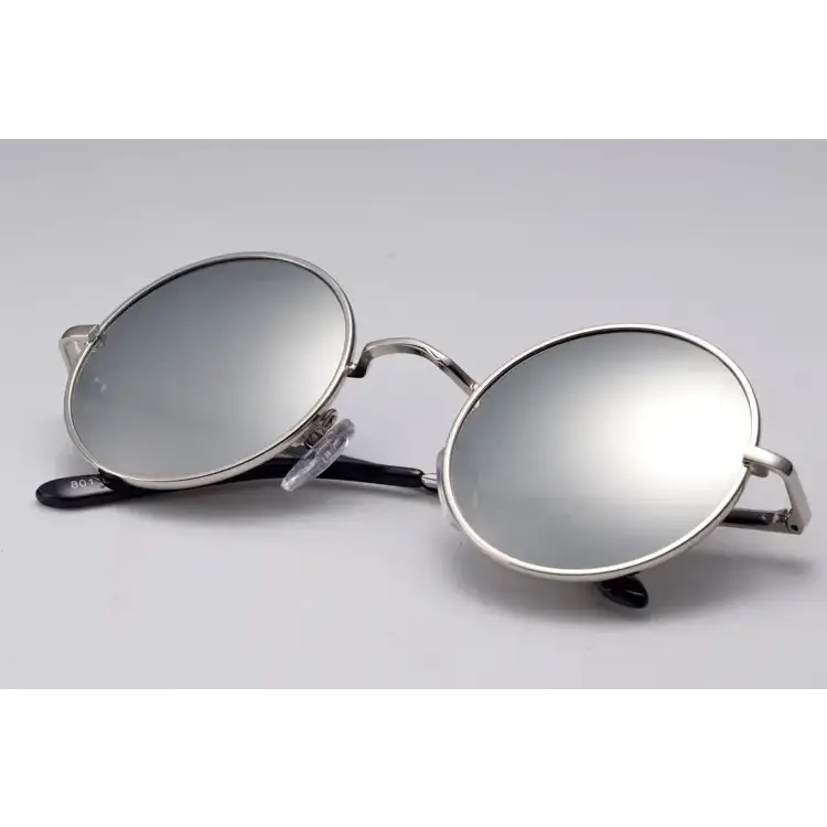 Silver-framed round sunglasses with mirrored lenses and black temple tips.