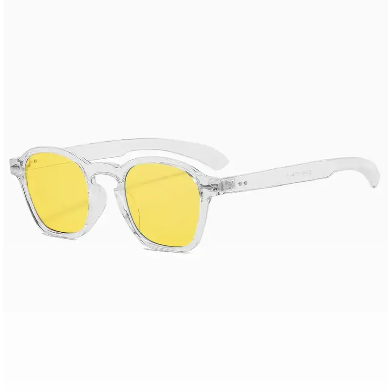 Clear-framed sunglasses with vibrant yellow lenses.