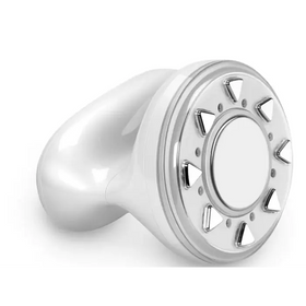 White and silver handheld facial massage device with a circular head featuring triangular metallic protrusions.
