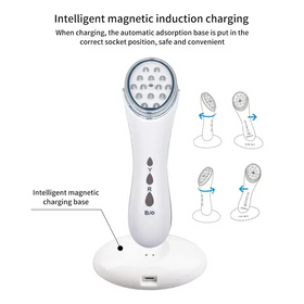 White facial cleansing device with a rounded head featuring multiple led lights and control buttons on the handle.