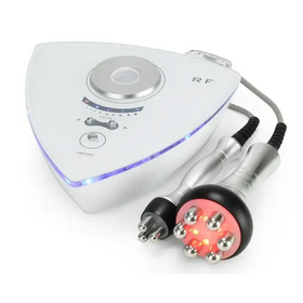 White triangular rf beauty device with silver accents and glowing blue led lights, featuring two handheld attachments—one with metallic probes and another with a red illuminated circular head.