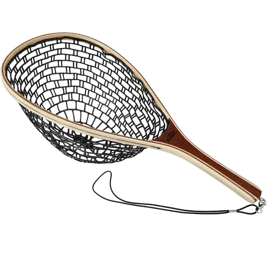 A black mesh fishing net with a light brown wooden handle and a matching wooden frame, featuring a thin black cord attached to the end.