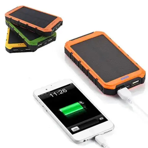 Orange and black rugged solar-powered portable charger with multiple usb ports