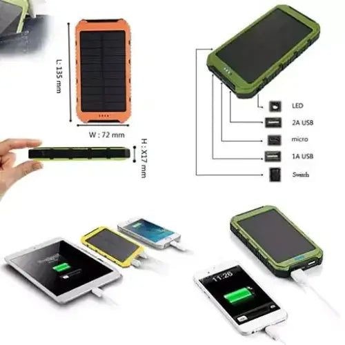 Orange and green rugged solar-powered phone charger with multiple usb ports.