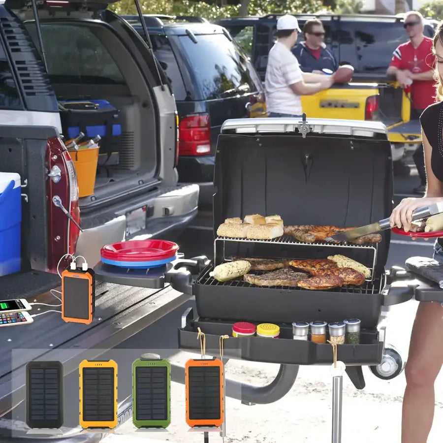 Orange solar-powered portable charger with black panels and a rugged, rectangular design.