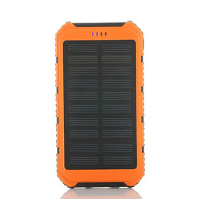 Orange rugged solar-powered portable charger with black solar panel and textured edges.