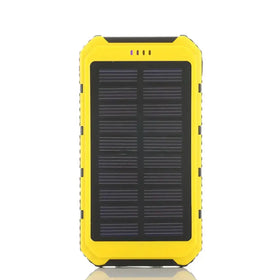 Yellow rugged solar-powered portable charger with black panels and reinforced edges.