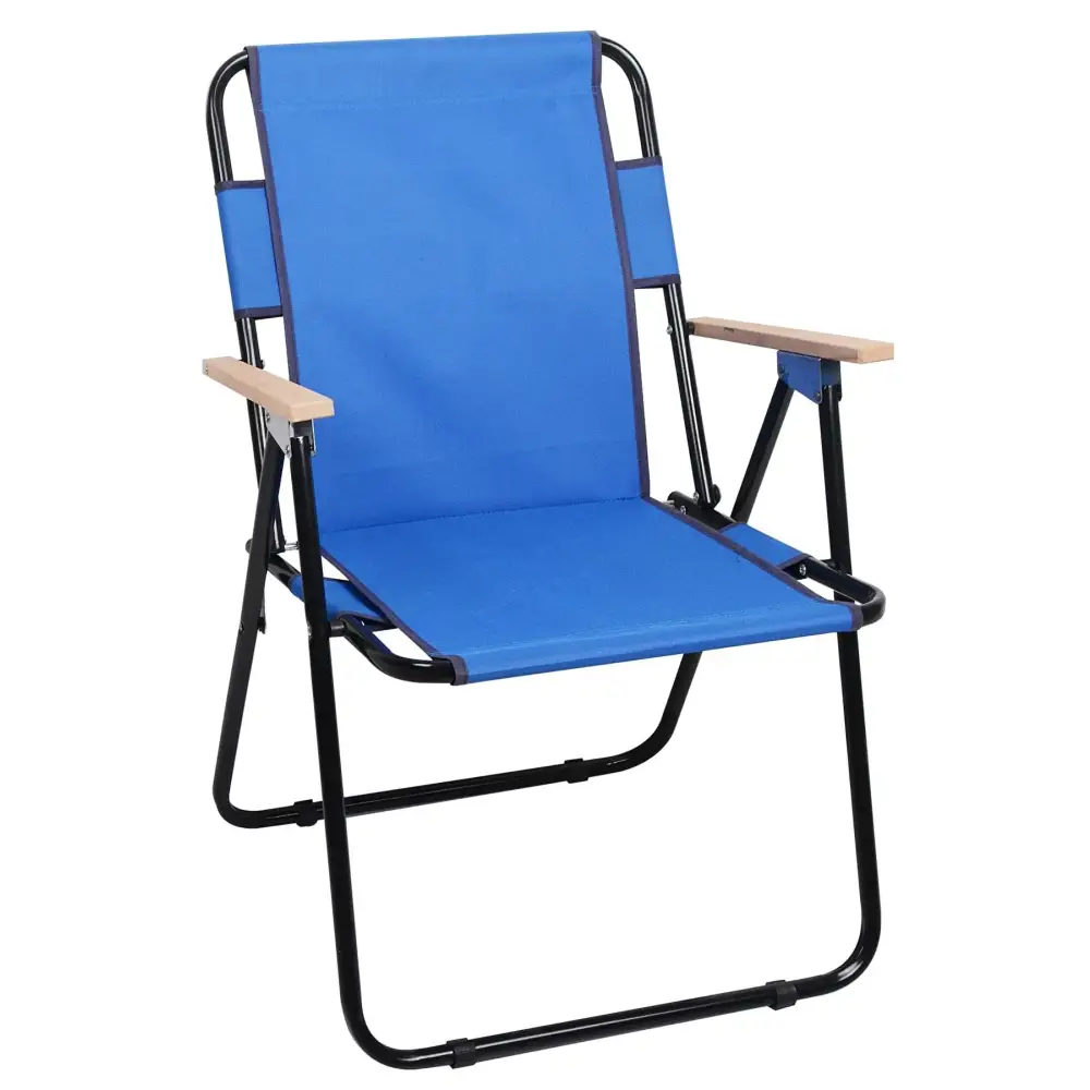 Blue fabric folding chair with black metal frame and light wood armrests.