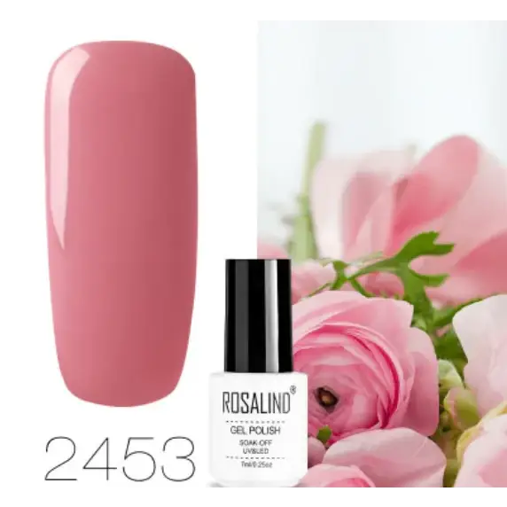 Rosalind 2453 gel polish in a sleek white bottle with black cap, showcasing a soft pink matte finish.