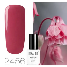 A sleek white bottle with a black cap, labeled ’rosalind gel polish 2456,’ showcasing a glossy deep pink nail polish.