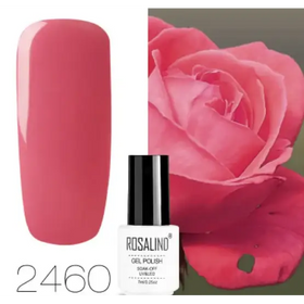 A sleek white bottle with a black cap, labeled ’rosalind gel polish 2460,’ showcasing a glossy pink nail polish shade.