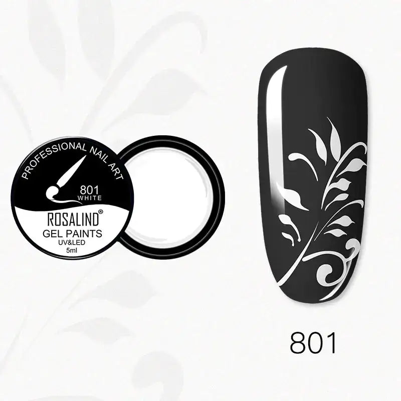 Black and white gel nail paint in a sleek black container, featuring an elegant floral design on a glossy black manicured nail.