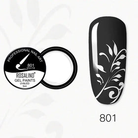 Black and white gel nail paint in a sleek black container, featuring an elegant floral design on a glossy black manicured nail.