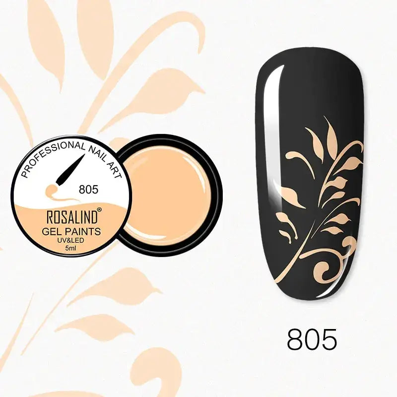 Beige gel nail paint in a black container, shown alongside an example of its application on a black nail with gold leaf-patterned design.