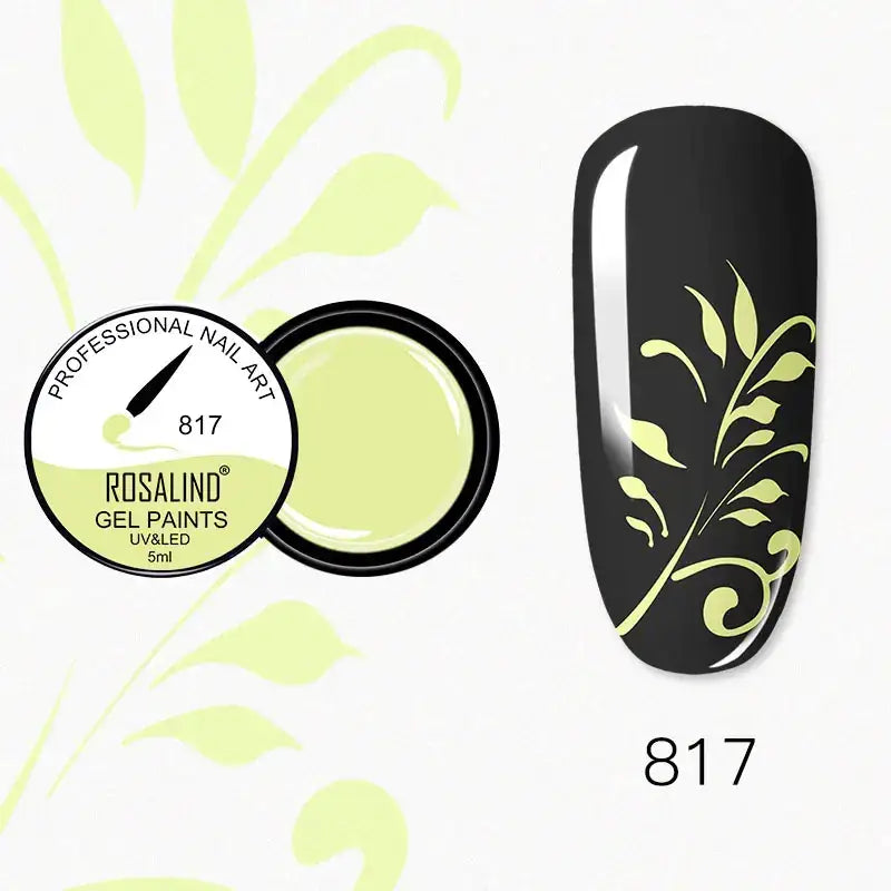 Lime green gel nail polish in a black container, labeled as rosalind professional nail art 817.
