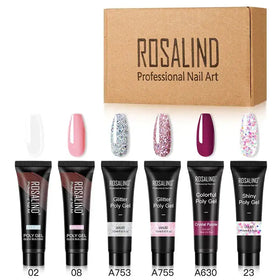 Rosalind professional nail art set featuring six black-tubed poly gel products with assorted colors and glitter finishes, including clear, pink, silver sparkles, rose gold, deep purple, and multi-color confetti.