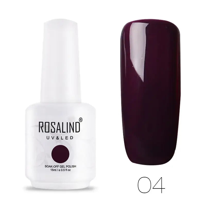A sleek white bottle of rosalind uv&led soak-off gel polish, featuring a glossy deep burgundy shade labeled as #04.