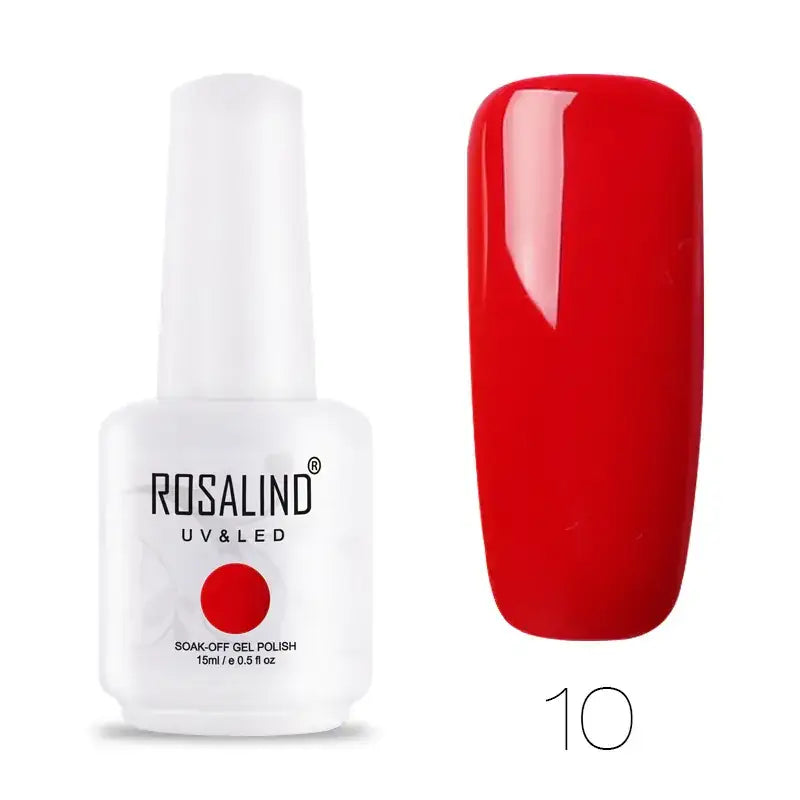 A vibrant red, glossy soak-off gel nail polish in a white bottle labeled ’rosalind uv&led’ with the shade number 10.