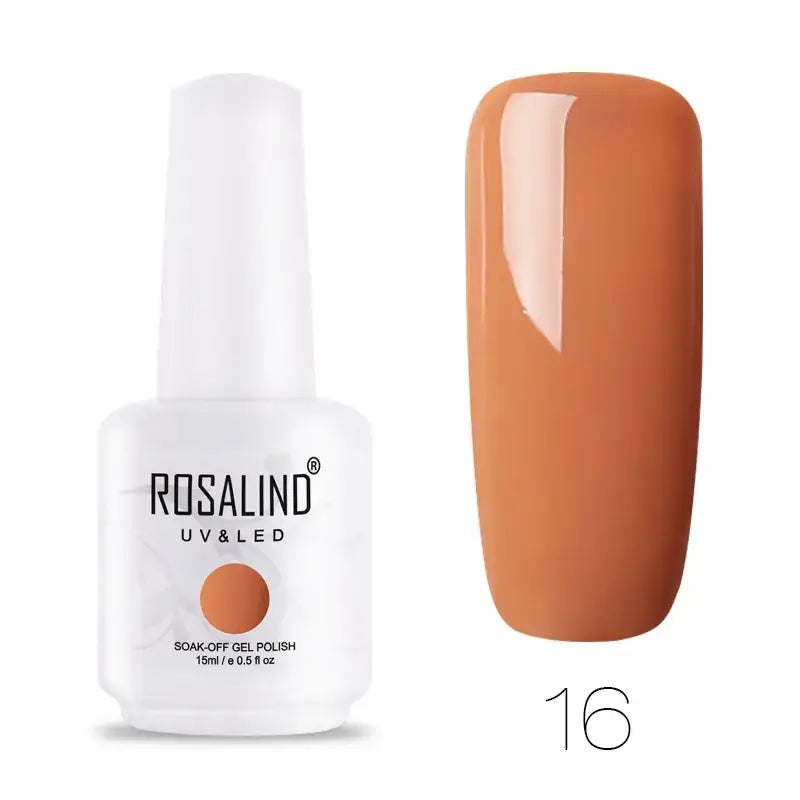 Rosalind uv & led soak-off gel polish in a white bottle with an orange-brown nail swatch labeled 16.