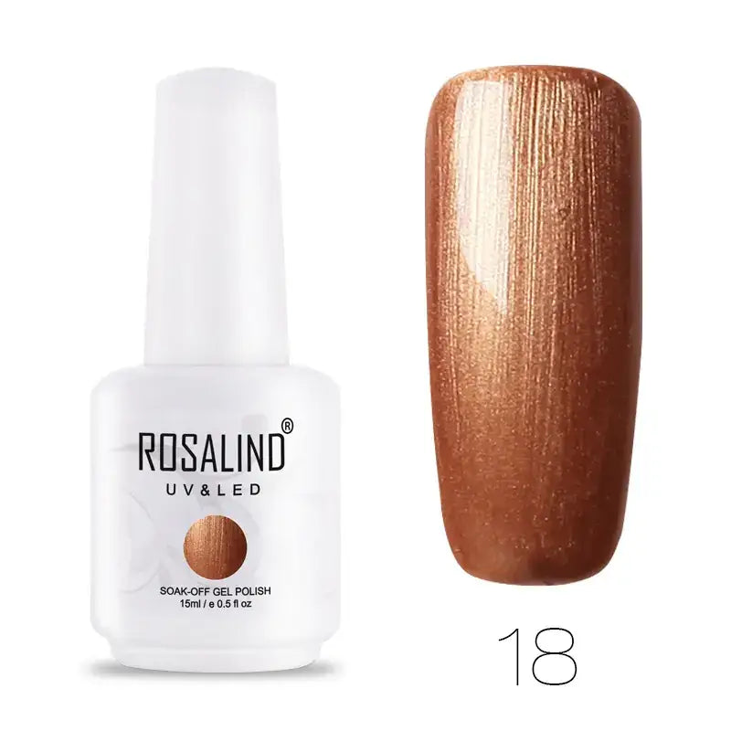 Rosalind uv & led soak-off gel polish in a white bottle, shade 18 with a shimmering bronze finish.