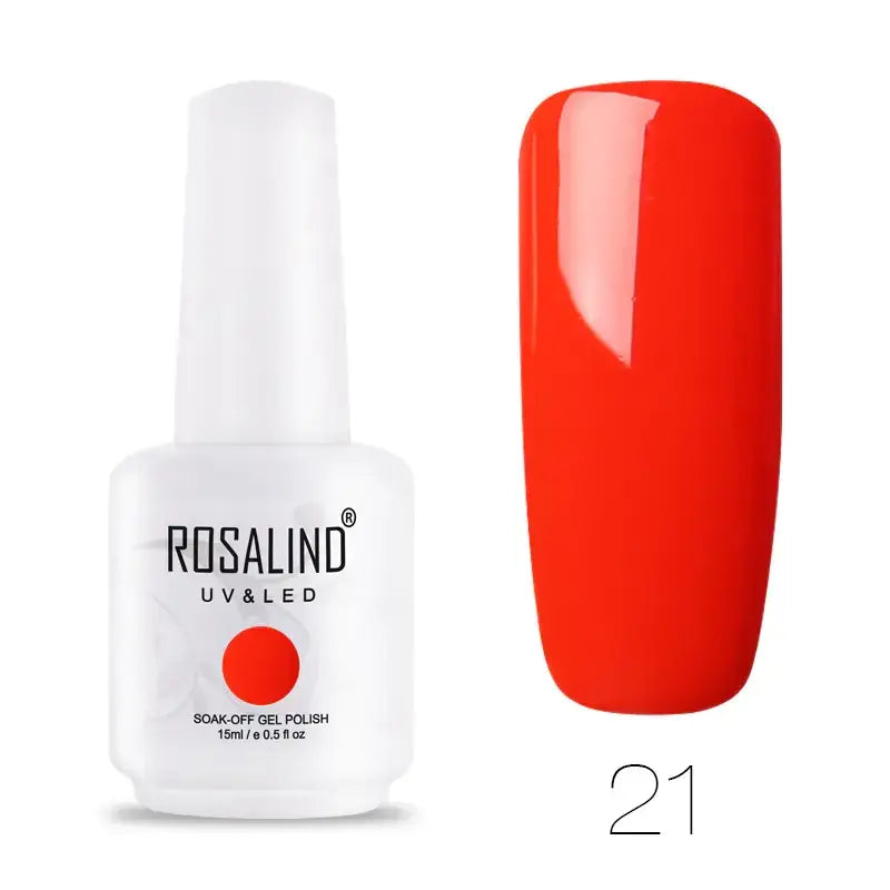 Bright red, glossy soak-off gel nail polish in a white bottle labeled ’rosalind uv&led’ with the shade number 21.