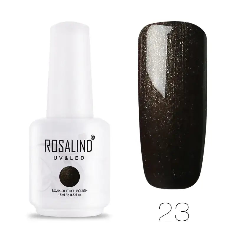 White bottle of rosalind uv & led soak-off gel polish in shade 23, featuring a dark metallic finish with shimmering silver glitter.