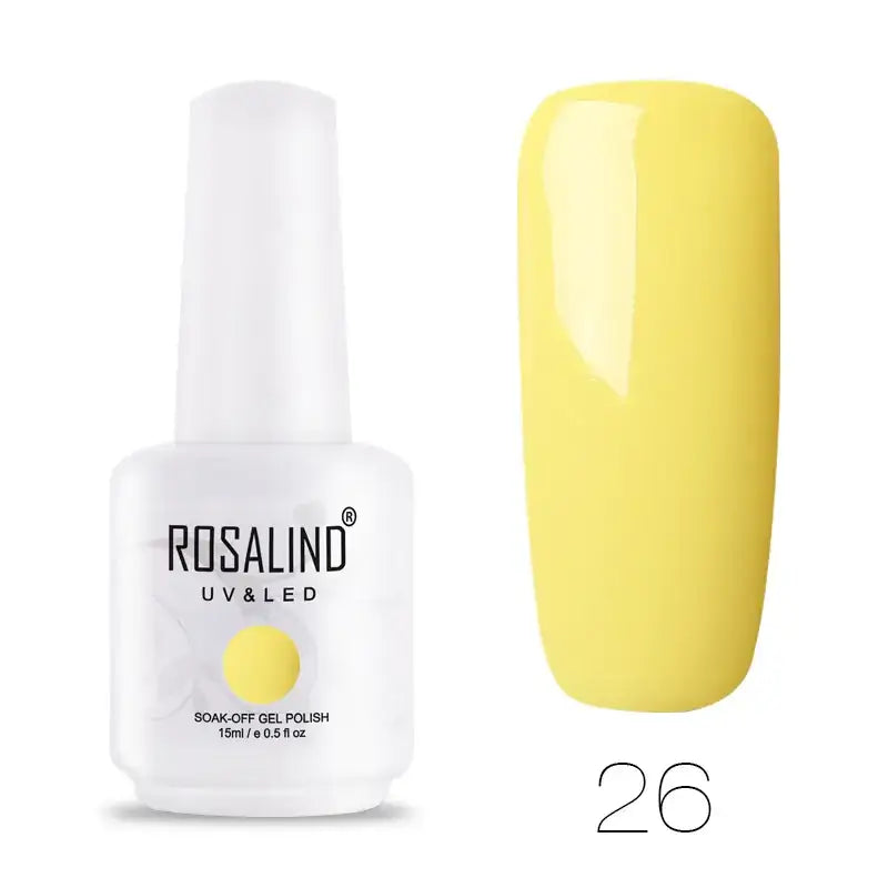A bottle of rosalind uv&led soak-off gel polish in a vibrant yellow shade, labeled as color 26.