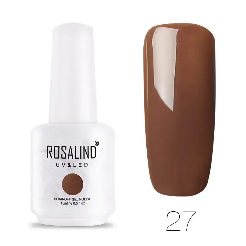 Rosalind uv & led soak-off gel polish in a white bottle, shade 27, featuring a rich chocolate brown color with a glossy finish.