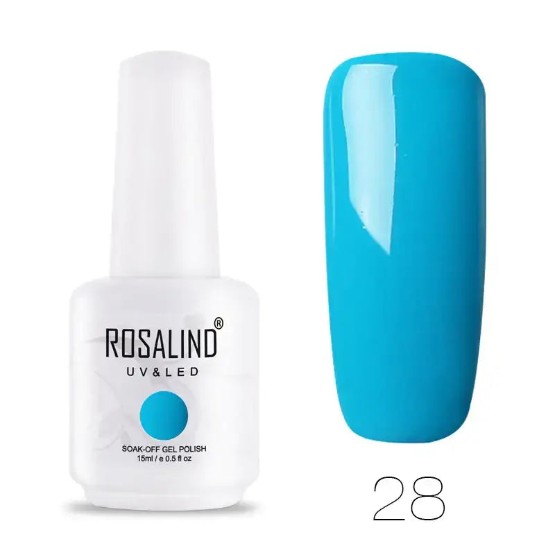 A vibrant turquoise blue soak-off gel nail polish in a white bottle with black lettering, labeled ’rosalind uv & led’ and marked as 15ml.