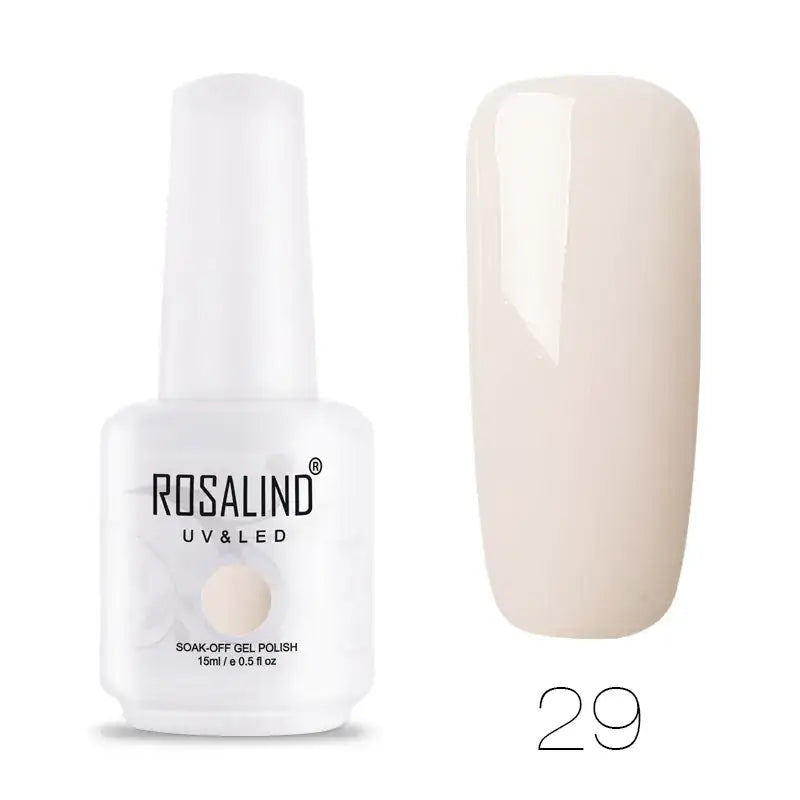 A sleek white bottle of rosalind uv & led soak-off gel polish, featuring a minimalist design and labeled with the shade number 29.