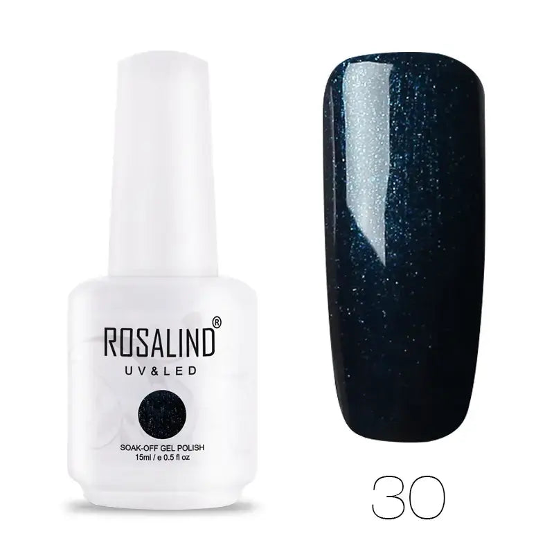 White bottle of rosalind uv & led soak-off gel polish in a dark, shimmering blue-black shade.
