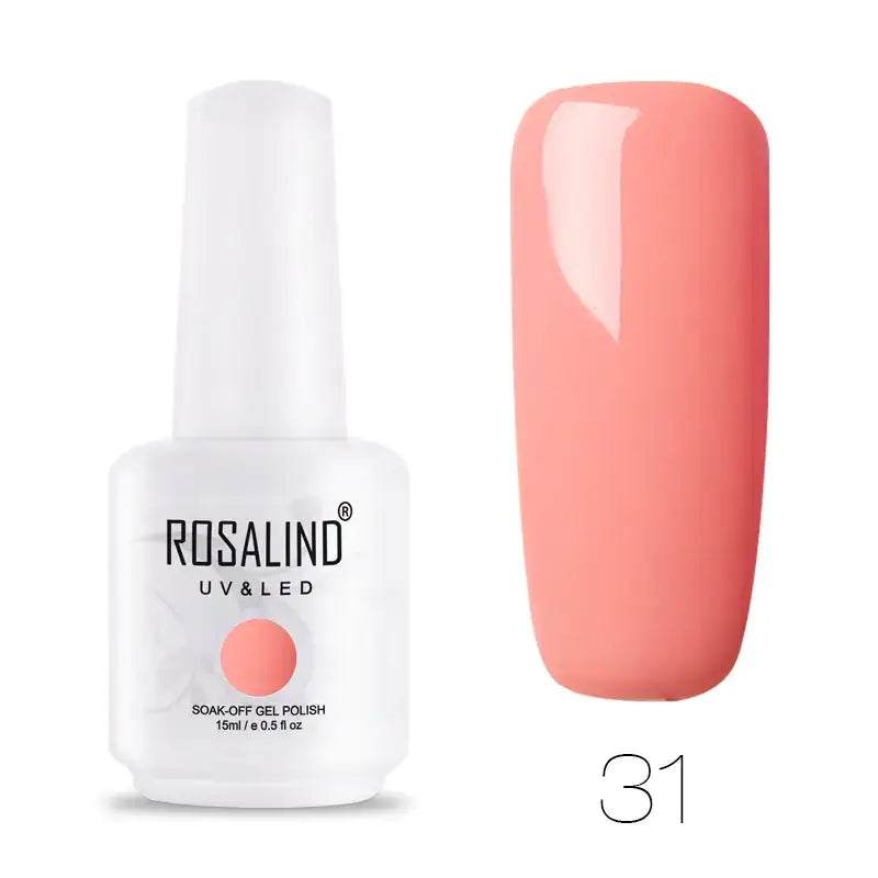 A sleek white bottle of rosalind uv & led soak-off gel polish, featuring a coral-pink shade labeled as #31.