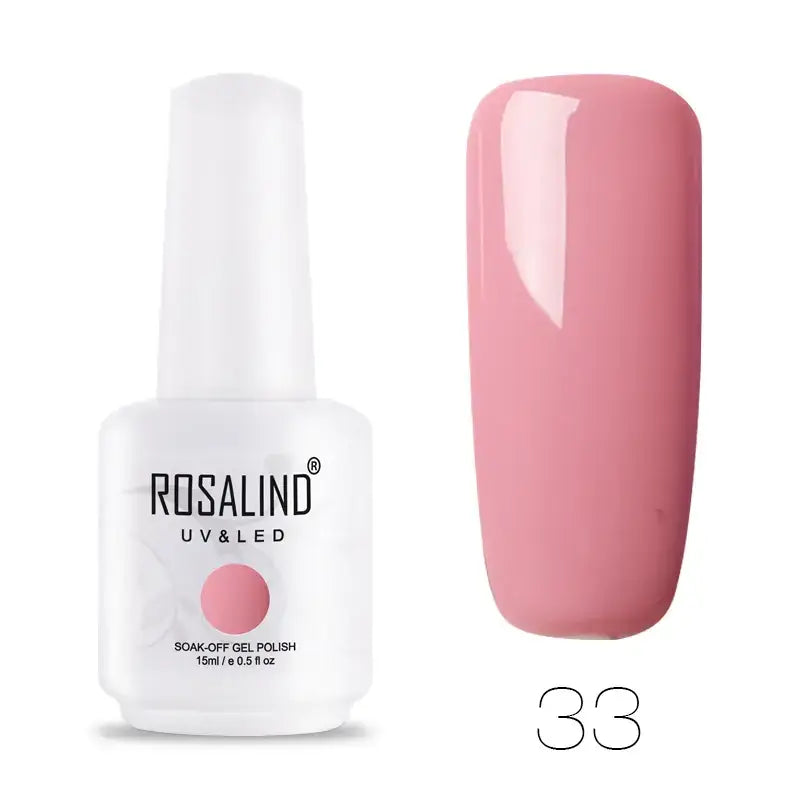 A sleek white bottle of rosalind uv & led soak-off gel polish, featuring a soft pink shade labeled as #33.