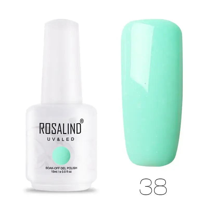A sleek white bottle of rosalind uv&led soak-off gel polish in a vibrant mint green shade, labeled with the number 38.