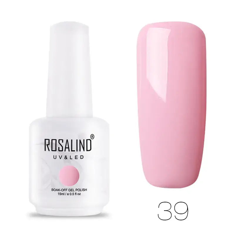 A soft pink, glossy soak-off gel nail polish in a white bottle labeled rosalind uv&led.