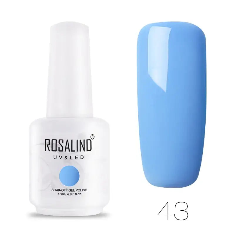 A sleek white bottle of rosalind uv & led soak-off gel polish, featuring a light blue circular accent and labeled with the shade number 43.