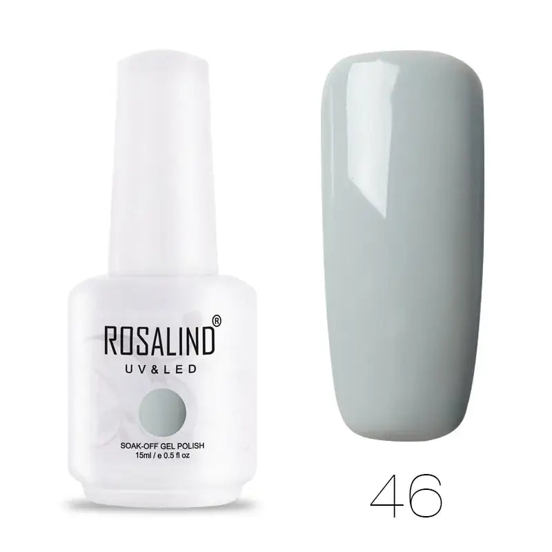 A sleek white bottle of rosalind uv&led soak-off gel polish, featuring a matte gray swatch labeled with the number 46.