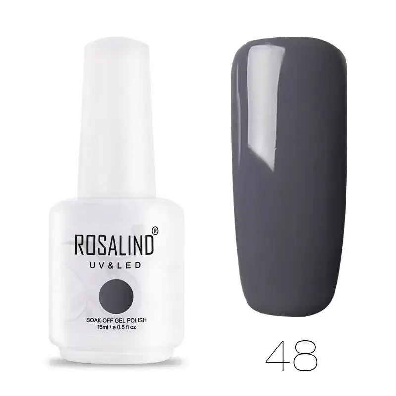 A sleek white bottle of rosalind uv&led soak-off gel polish, featuring a matte black circular swatch on its label and displaying the shade number 48.