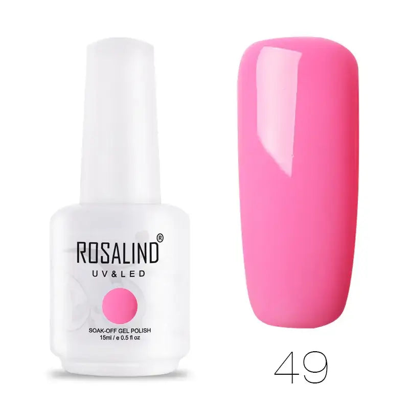 A vibrant pink soak-off gel nail polish in a white bottle labeled ’rosalind uv&led’ with the shade number 49.