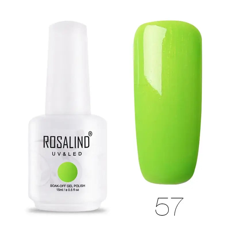 Bright lime green soak-off gel nail polish in a white bottle, model 57 by rosalind.