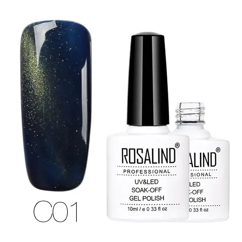 Deep navy blue and green shimmer gel polish in a white bottle with black cap, labeled ’rosalind professional uv&led soak-off gel polish.’
