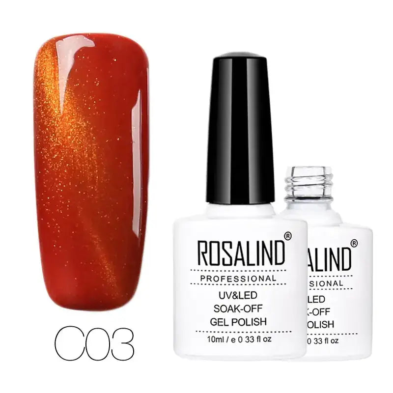 Rosalind professional uv&led soak-off gel polish in a glossy, shimmering orange-red shade with golden flecks.
